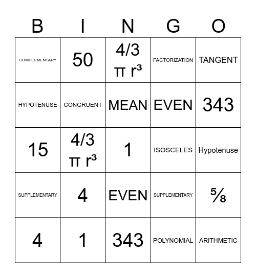 MATH - BINGO... Bingo Card