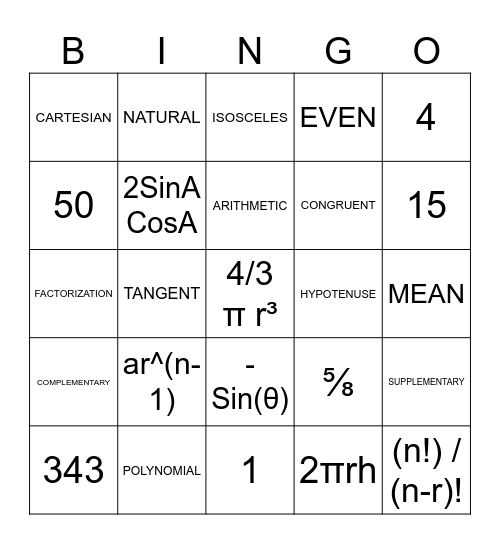 MATH - BINGO... Bingo Card