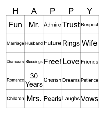 30th Anniversary Bingo Card