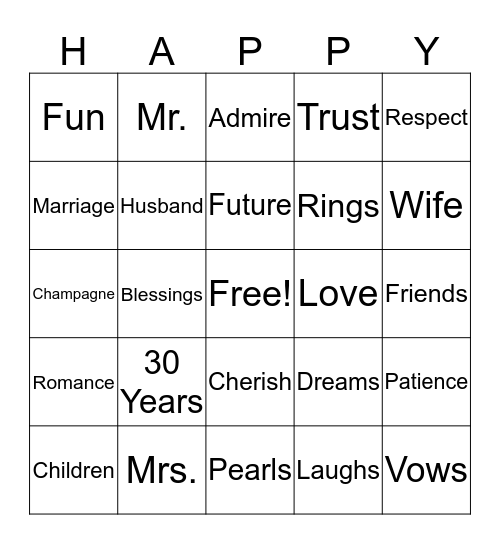 30th Anniversary Bingo Card