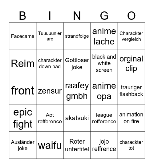 Anime in Minuten Bingo Card