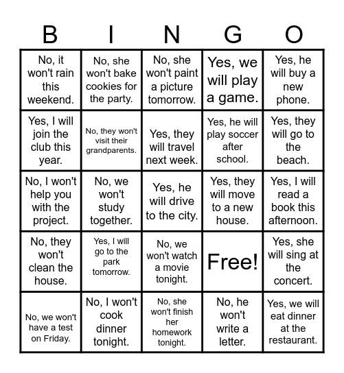 Future Simple Tense Will/Won't Bingo Card