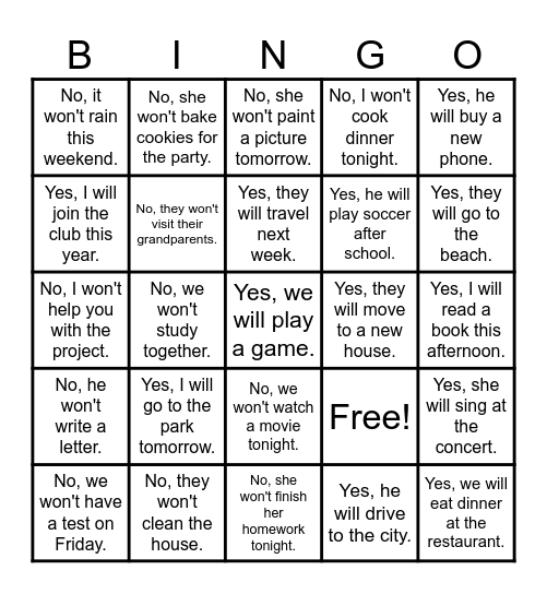 Simple Future Tense Bingo Card