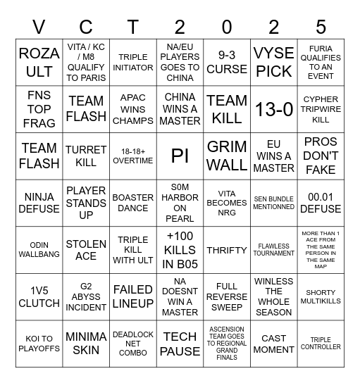 VCT 2025 Bingo Card