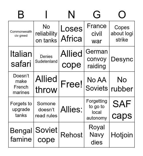 Allied bingo Card