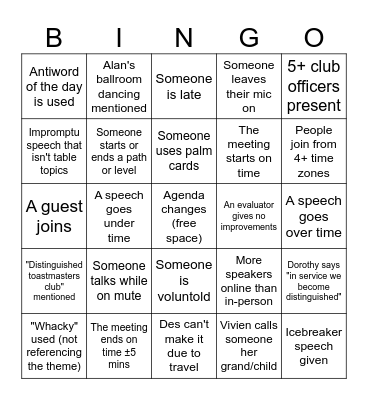Toastmasters Bingo Card
