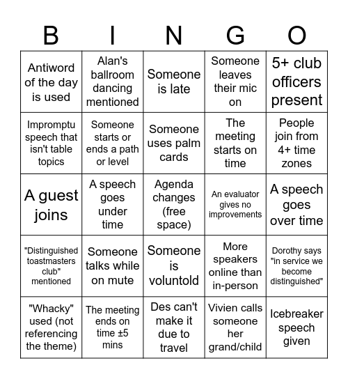 Toastmasters Bingo Card