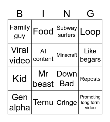 Yt shorts Bingo Card