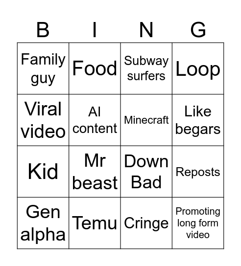 Yt shorts Bingo Card