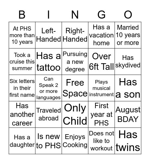 Welcome Back Bingo Card