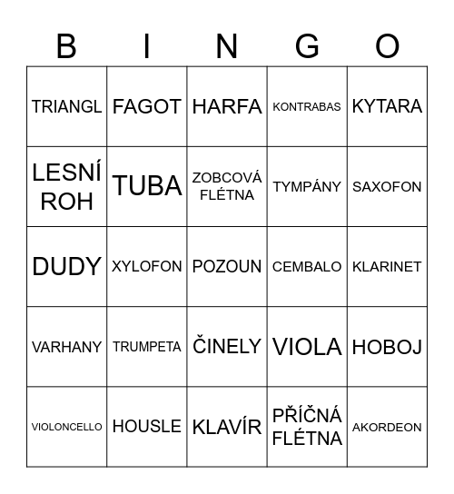 HUDEBNÍ NÁSTROJE Bingo Card