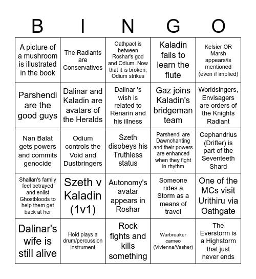 Words of Radiance Bingo Card