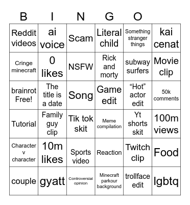 YouTube shorts Bingo Card