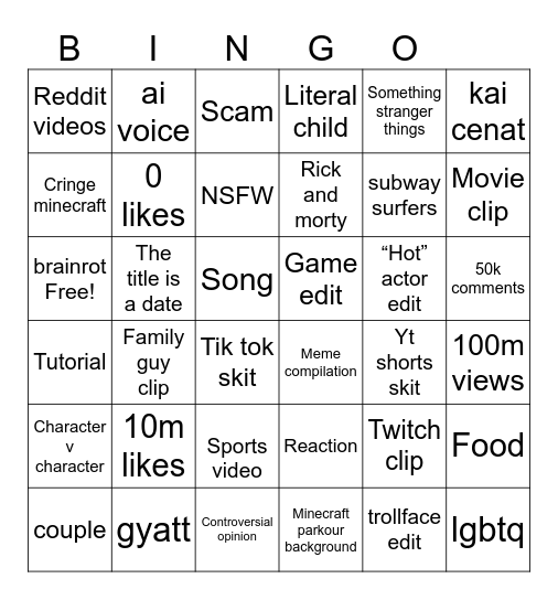 YouTube shorts Bingo Card