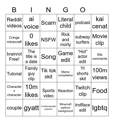 YouTube shorts Bingo Card