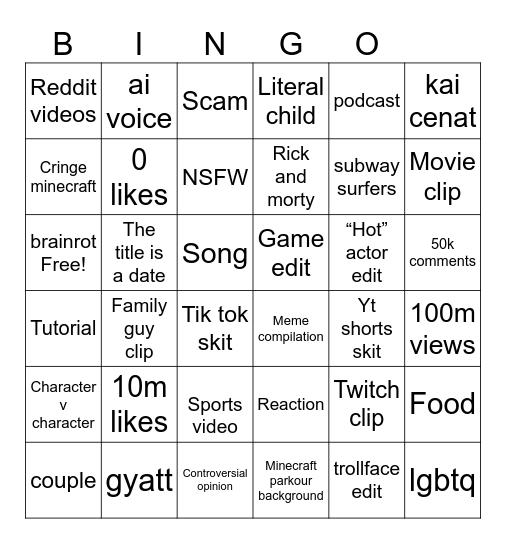 YouTube shorts Bingo Card