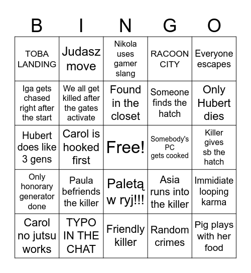 DbD bingo Card