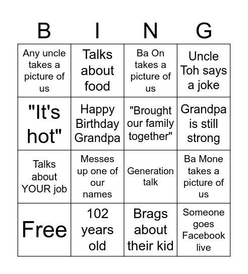 Service Bingo Card