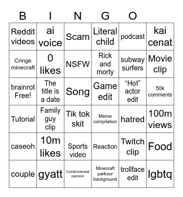 YouTube shorts Bingo Card