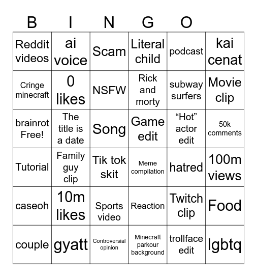 YouTube shorts Bingo Card