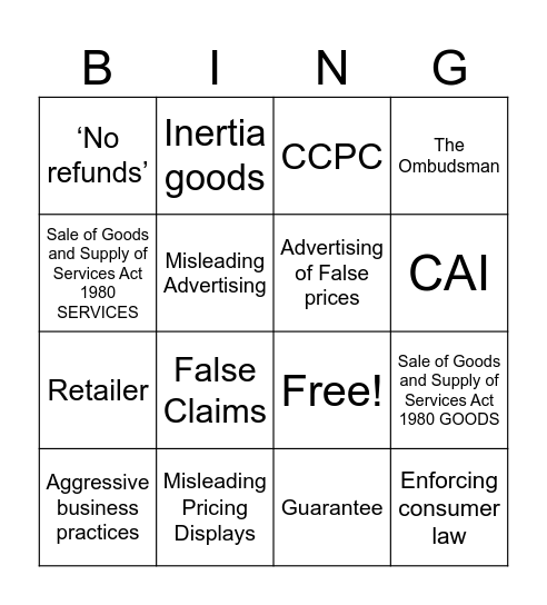 Consumer Law Bingo Card