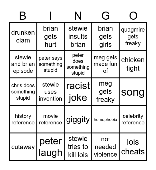 Family Guy Bingo Card