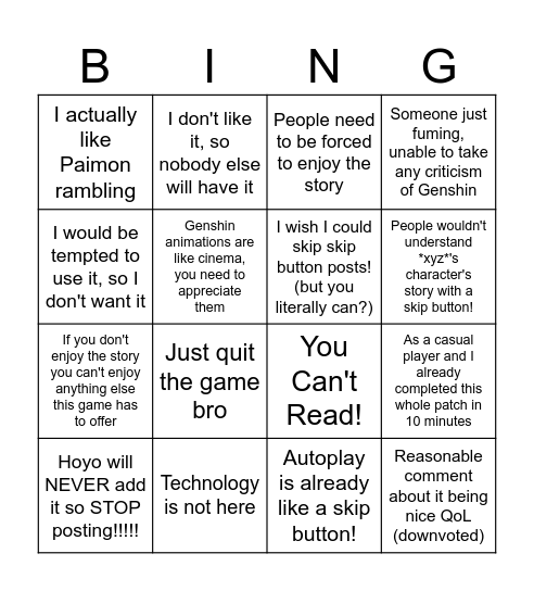 Genshin impact weekly skip button thread comments Bingo Card