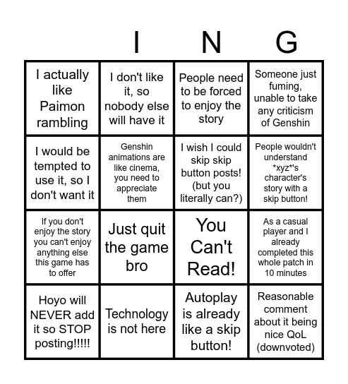 Genshin impact weekly skip button thread comments Bingo Card