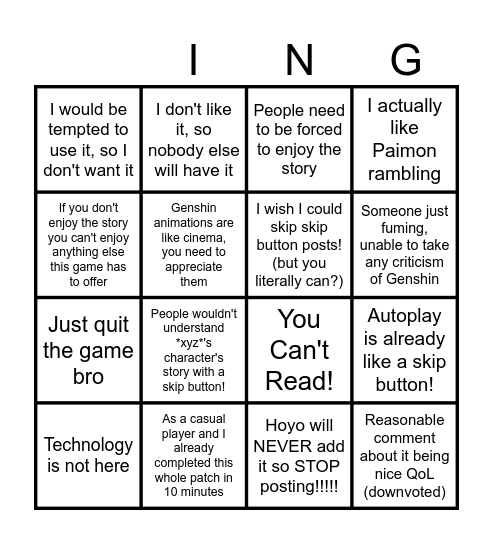 Genshin impact weekly skip button thread comments Bingo Card