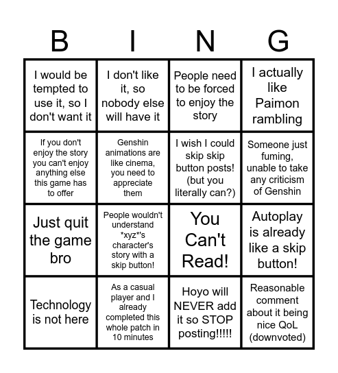 Genshin impact weekly skip button thread comments Bingo Card