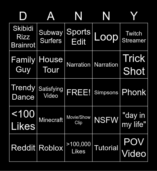 youtube shorts bingo Card