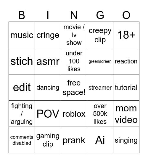 youtube shorts Bingo Card