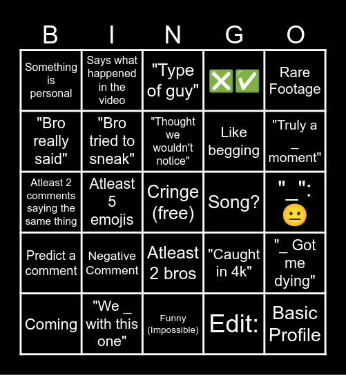 Youtube Shorts Comment Bingo Card