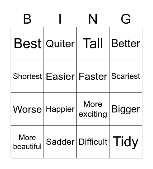 Comparative and Superlative Adjectives Bingo Card