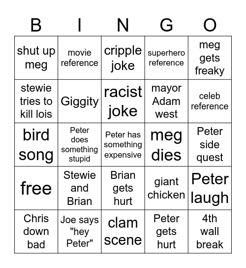 family guy Bingo Card