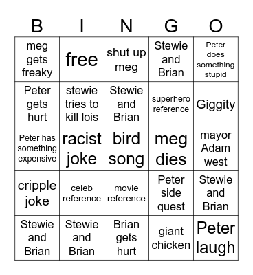 family guy Bingo Card