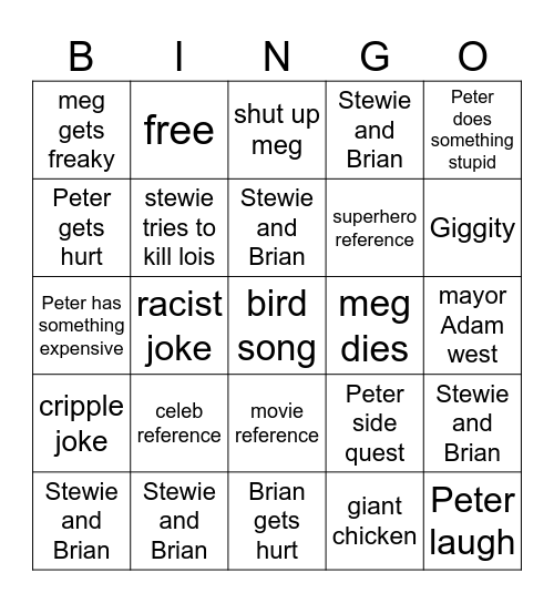 family guy Bingo Card