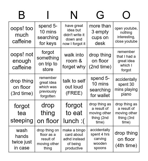 my adhd specifically Bingo Card