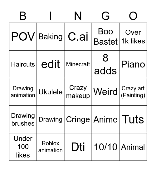 Yt shorts bingo Card