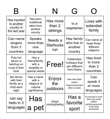 Cultural Diversity Bingo Card