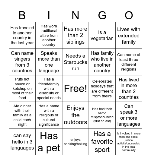 Cultural Diversity Bingo Card