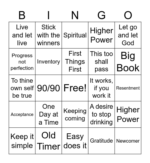 Recovery One Day at a Time Bingo Card