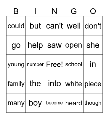 Third Grade Sight Words Bingo Card