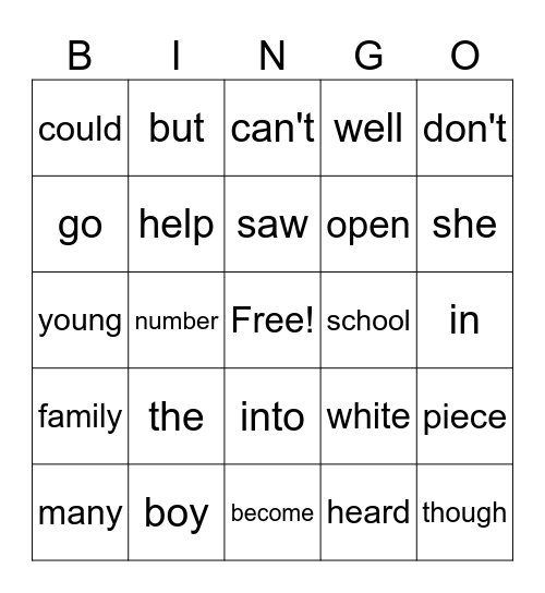 Third Grade Sight Words Bingo Card
