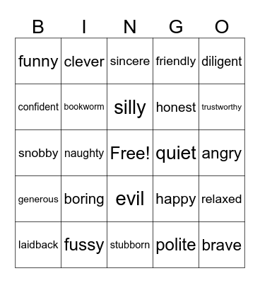 Personality Traits Bingo Card