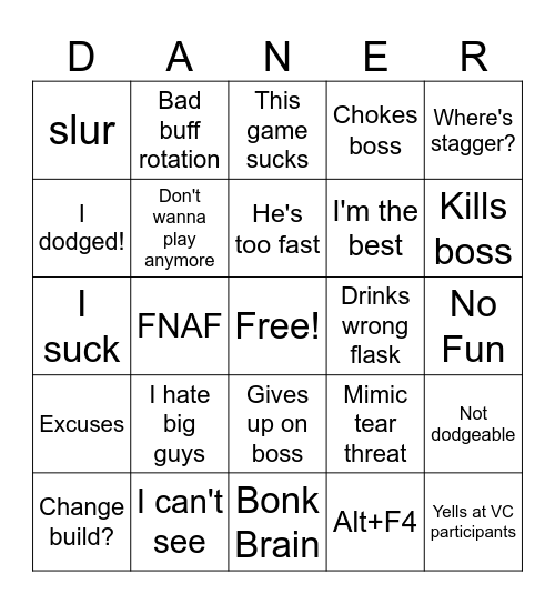 Elder Dingus Bingo Card