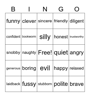 Personality Traits Bingo Card