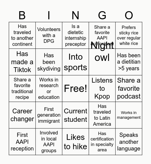 FNCE AAPI Reception Bingo Card