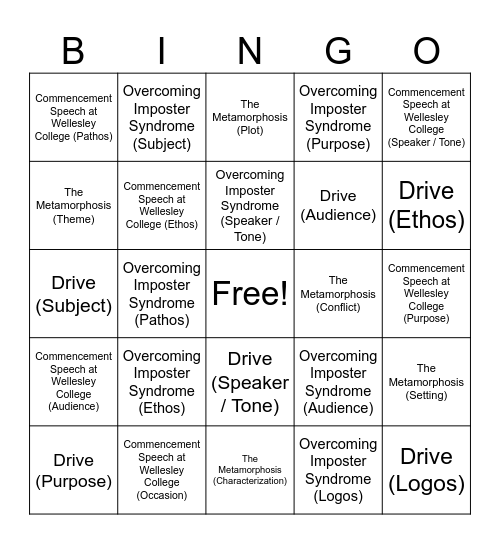 Unit 1 Texts Review Bingo Card