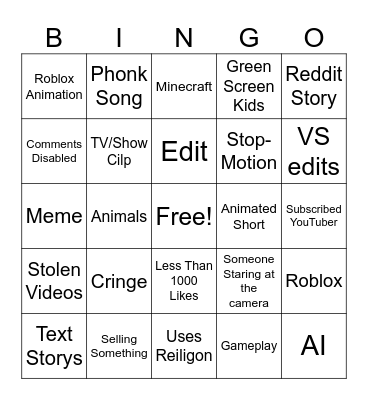 YouTube Shorts Bingo Card